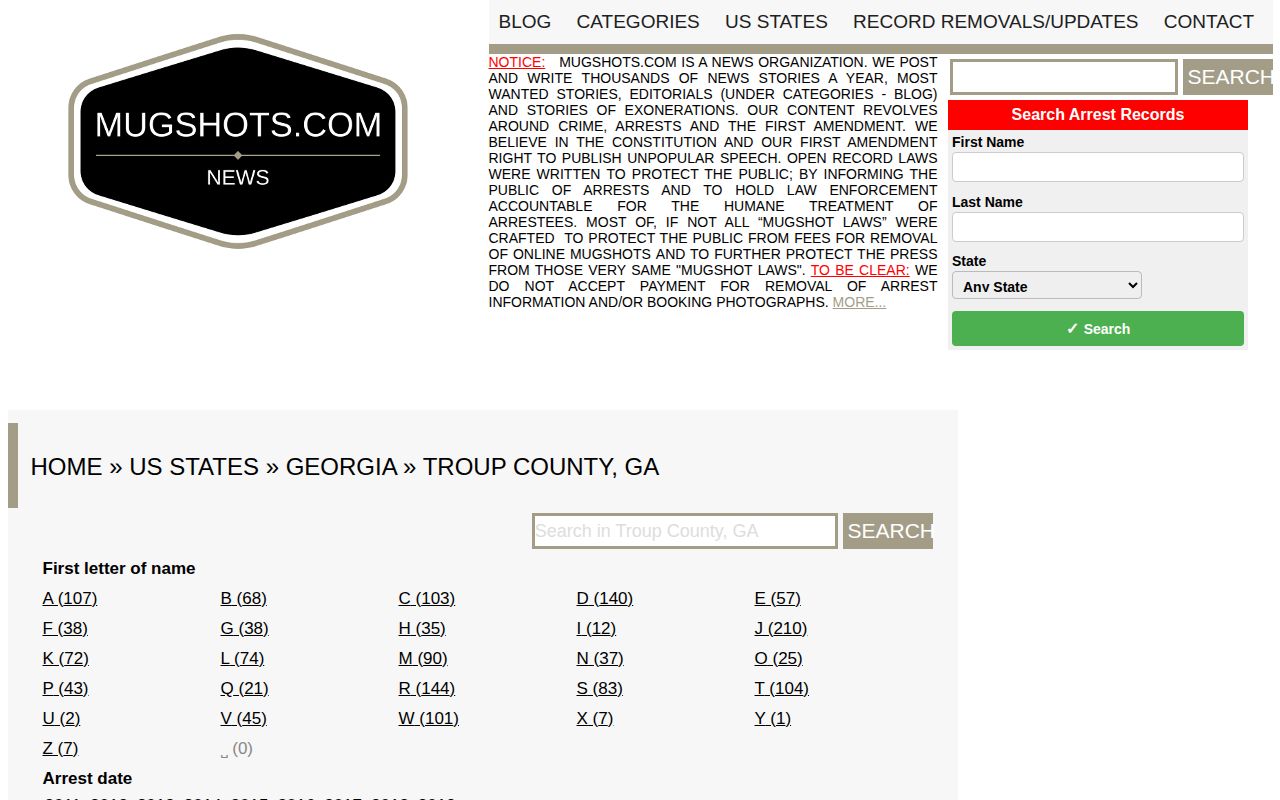 Mugshots.com archival Troup County collection structure