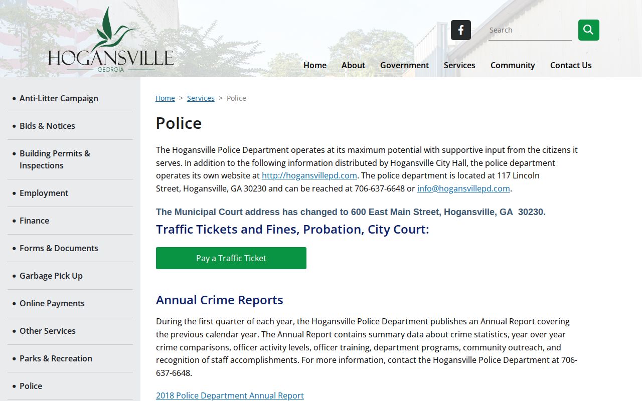 Hogansville Police Department page and historical activity reports