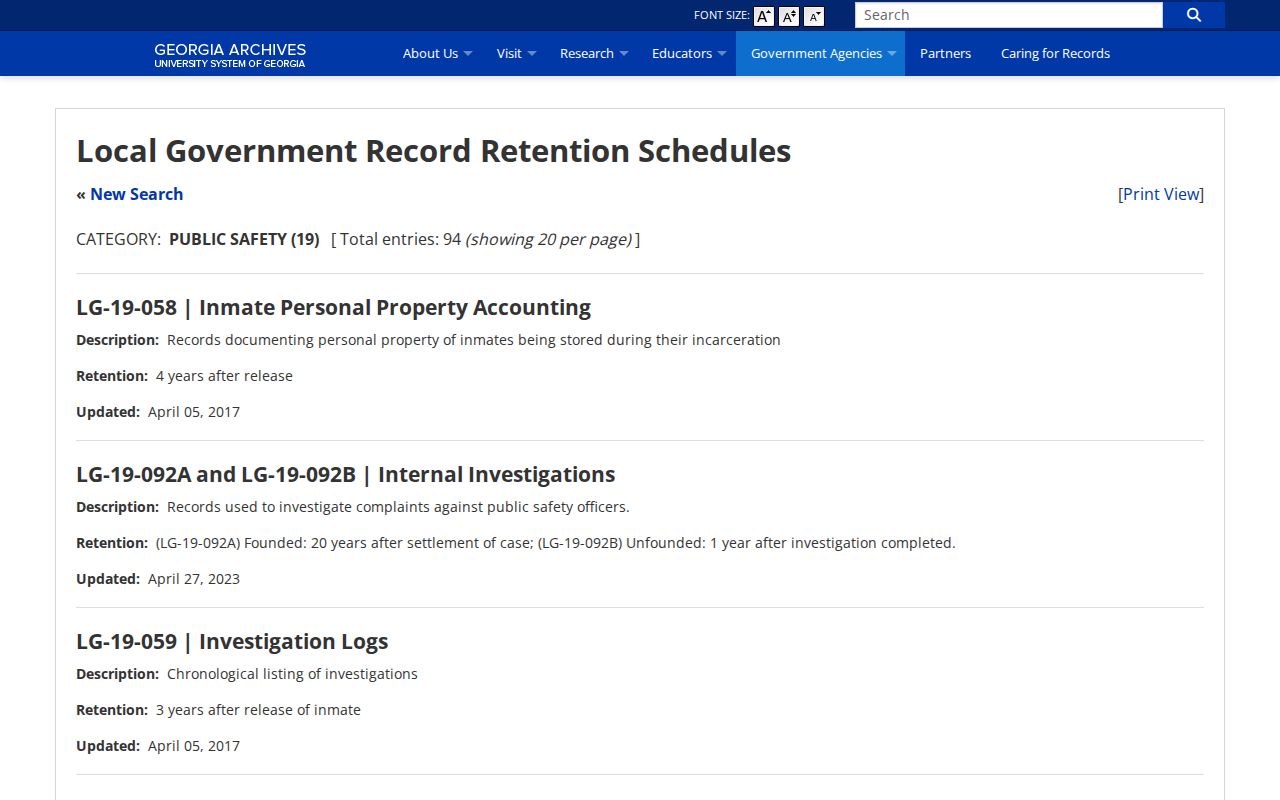Georgia Archives jail-booking retention schedule for Troup County records