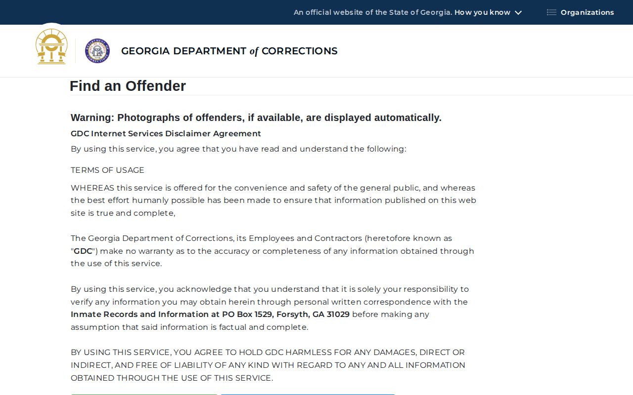 Georgia Department of Corrections offender search form for Troup County custody questions