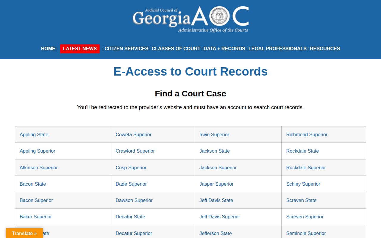 Georgia Courts eAccess disposition-search gateway for Troup County cases