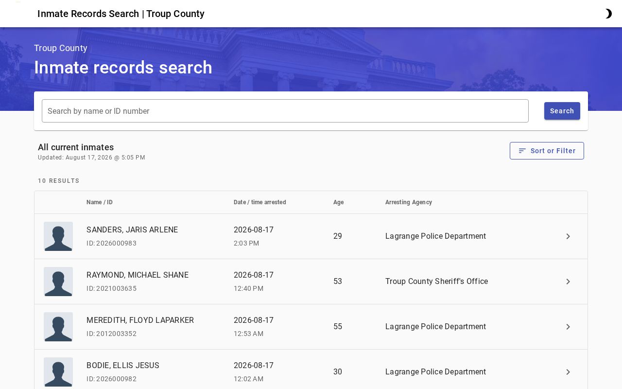 Troup County jail roster search interface and recent booking filters