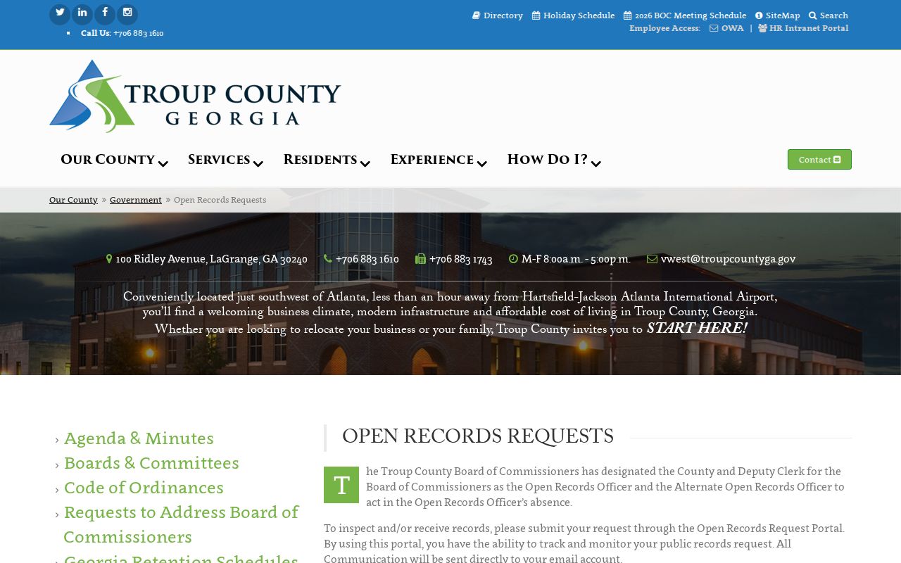 Troup County booking-record open-records request page