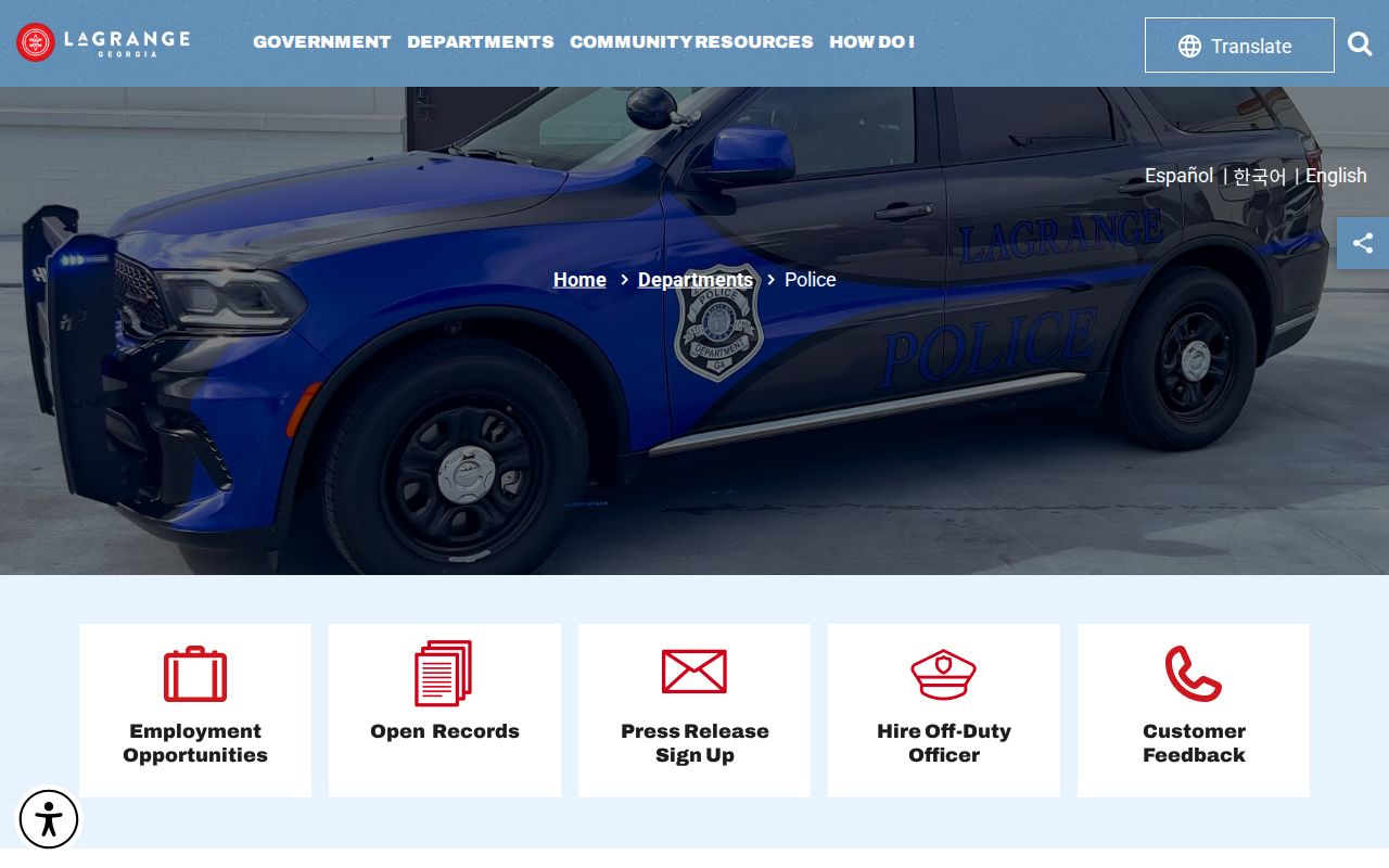 LaGrange Police Department contact page for arrest records